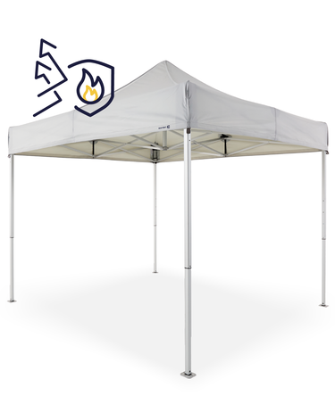 White 3x3 m folding gazebo with flame-retardant fabric symbol.
